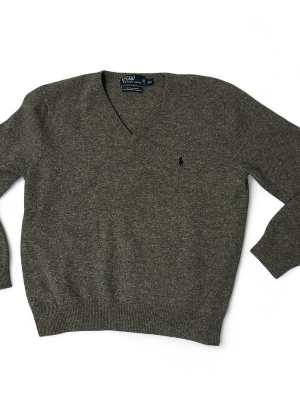Polo by Ralph Lauren Grey V-Neck Lambs Wool Sweater Mens XXL Preppy Quiet Luxury
